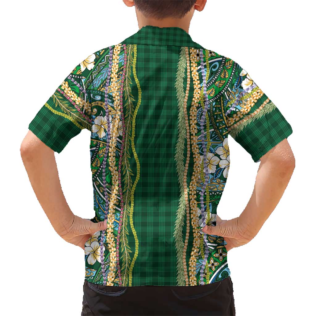 Hawaiian Art Flower Tribal with Lei Family Matching Off The Shoulder Long Sleeve Dress and Hawaiian Shirt Palaka Pattern Green Color LT03 - Polynesian Pride