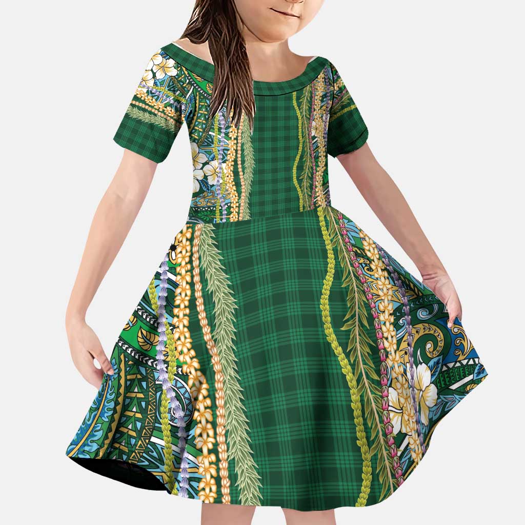 Hawaiian Art Flower Tribal with Lei Family Matching Off The Shoulder Long Sleeve Dress and Hawaiian Shirt Palaka Pattern Green Color LT03 Daughter's Dress Green - Polynesian Pride