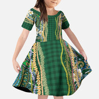 Hawaiian Art Flower Tribal with Lei Family Matching Off The Shoulder Long Sleeve Dress and Hawaiian Shirt Palaka Pattern Green Color LT03 Daughter's Dress Green - Polynesian Pride