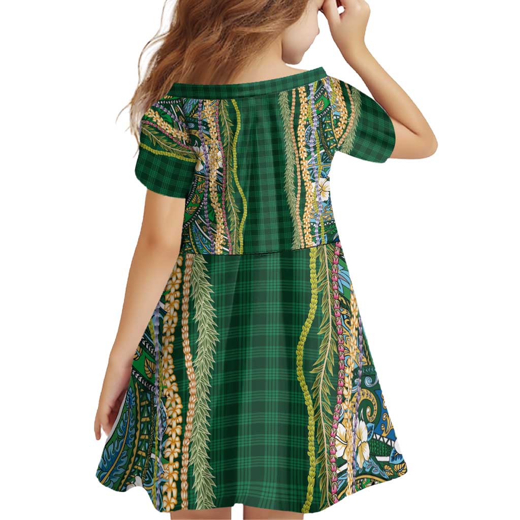 Hawaiian Art Flower Tribal with Lei Family Matching Off The Shoulder Long Sleeve Dress and Hawaiian Shirt Palaka Pattern Green Color LT03 - Polynesian Pride