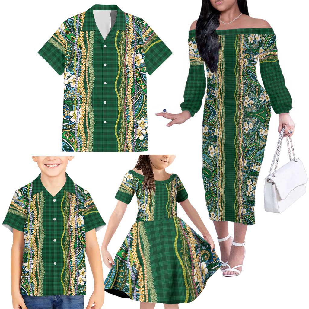 Hawaiian Art Flower Tribal with Lei Family Matching Off The Shoulder Long Sleeve Dress and Hawaiian Shirt Palaka Pattern Green Color LT03 - Polynesian Pride