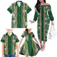 Hawaiian Art Flower Tribal with Lei Family Matching Off The Shoulder Long Sleeve Dress and Hawaiian Shirt Palaka Pattern Green Color LT03 - Polynesian Pride