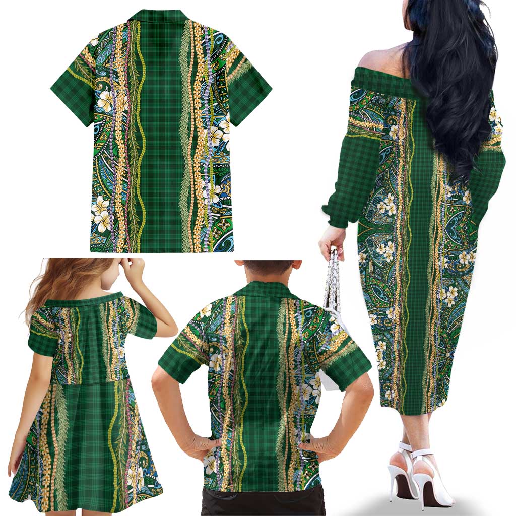 Hawaiian Art Flower Tribal with Lei Family Matching Off The Shoulder Long Sleeve Dress and Hawaiian Shirt Palaka Pattern Green Color LT03 - Polynesian Pride