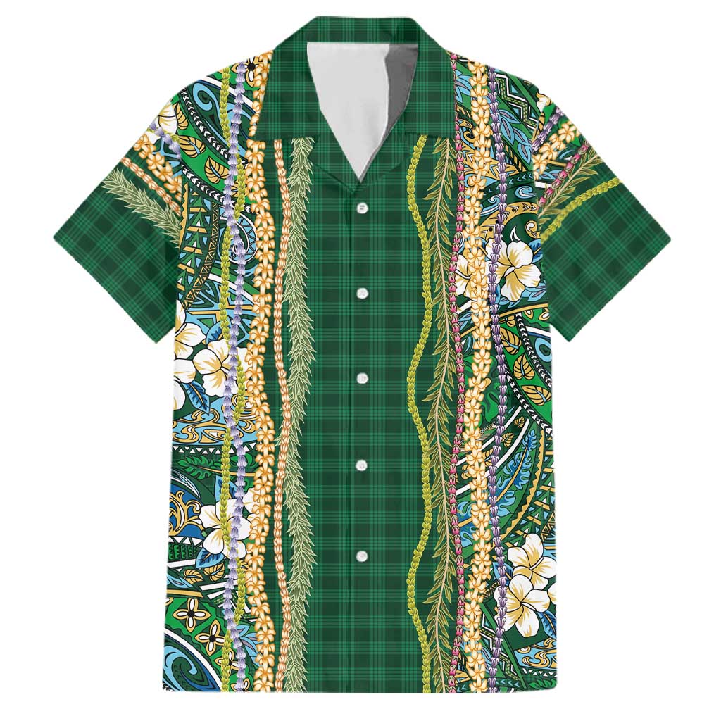Hawaiian Art Flower Tribal with Lei Family Matching Off The Shoulder Long Sleeve Dress and Hawaiian Shirt Palaka Pattern Green Color LT03 Dad's Shirt - Short Sleeve Green - Polynesian Pride