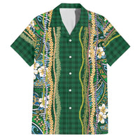 Hawaiian Art Flower Tribal with Lei Family Matching Off The Shoulder Long Sleeve Dress and Hawaiian Shirt Palaka Pattern Green Color LT03 Dad's Shirt - Short Sleeve Green - Polynesian Pride