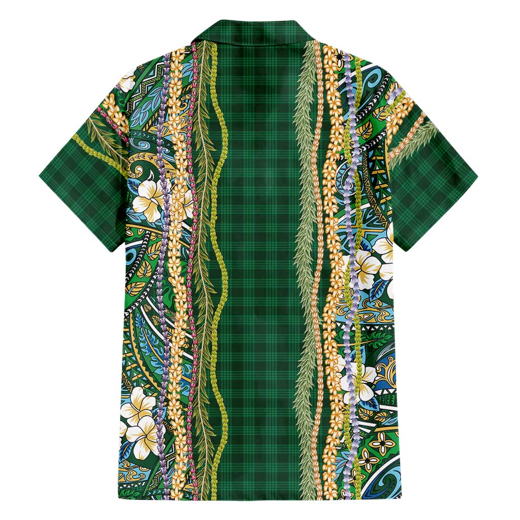 Hawaiian Art Flower Tribal with Lei Family Matching Off The Shoulder Long Sleeve Dress and Hawaiian Shirt Palaka Pattern Green Color LT03 - Polynesian Pride