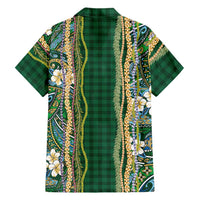 Hawaiian Art Flower Tribal with Lei Family Matching Off The Shoulder Long Sleeve Dress and Hawaiian Shirt Palaka Pattern Green Color LT03 - Polynesian Pride