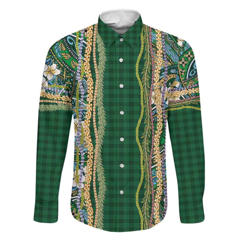 Hawaiian Art Flower Tribal with Lei Family Matching Off The Shoulder Long Sleeve Dress and Hawaiian Shirt Palaka Pattern Green Color LT03 Dad's Shirt - Long Sleeve Green - Polynesian Pride