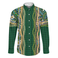 Hawaiian Art Flower Tribal with Lei Family Matching Off The Shoulder Long Sleeve Dress and Hawaiian Shirt Palaka Pattern Green Color LT03 Dad's Shirt - Long Sleeve Green - Polynesian Pride