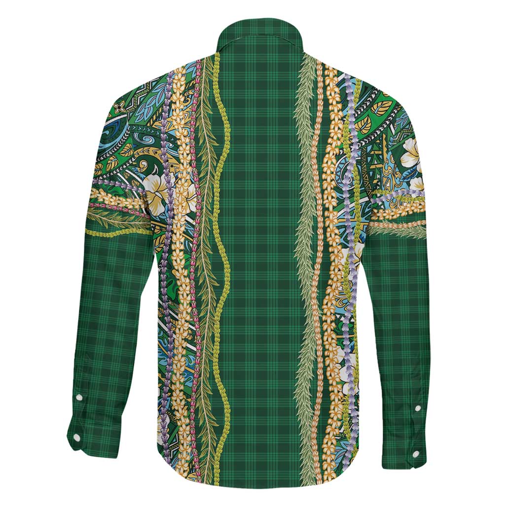 Hawaiian Art Flower Tribal with Lei Family Matching Off The Shoulder Long Sleeve Dress and Hawaiian Shirt Palaka Pattern Green Color LT03 - Polynesian Pride