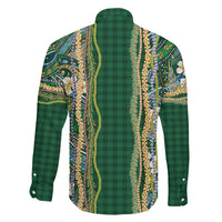 Hawaiian Art Flower Tribal with Lei Family Matching Off The Shoulder Long Sleeve Dress and Hawaiian Shirt Palaka Pattern Green Color LT03 - Polynesian Pride