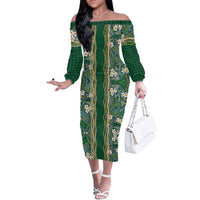 Hawaiian Art Flower Tribal with Lei Family Matching Off The Shoulder Long Sleeve Dress and Hawaiian Shirt Palaka Pattern Green Color LT03 Mom's Dress Green - Polynesian Pride