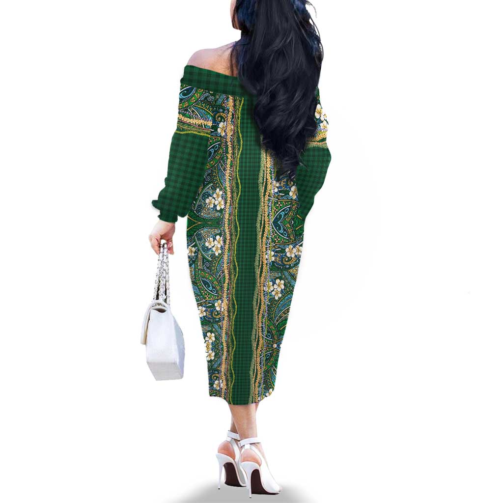 Hawaiian Art Flower Tribal with Lei Family Matching Off The Shoulder Long Sleeve Dress and Hawaiian Shirt Palaka Pattern Green Color LT03 - Polynesian Pride