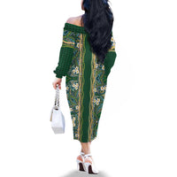 Hawaiian Art Flower Tribal with Lei Family Matching Off The Shoulder Long Sleeve Dress and Hawaiian Shirt Palaka Pattern Green Color LT03 - Polynesian Pride