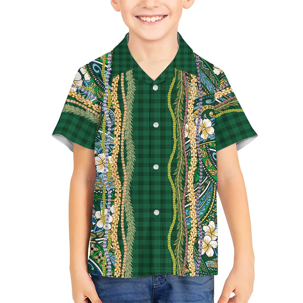 Hawaiian Art Flower Tribal with Lei Family Matching Off The Shoulder Long Sleeve Dress and Hawaiian Shirt Palaka Pattern Green Color LT03 Son's Shirt Green - Polynesian Pride