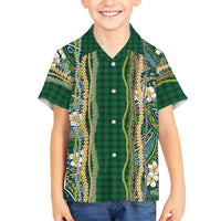Hawaiian Art Flower Tribal with Lei Family Matching Off The Shoulder Long Sleeve Dress and Hawaiian Shirt Palaka Pattern Green Color LT03 Son's Shirt Green - Polynesian Pride