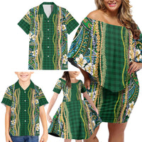 Hawaiian Art Flower Tribal with Lei Family Matching Off Shoulder Short Dress and Hawaiian Shirt Palaka Pattern Green Color - Polynesian Pride