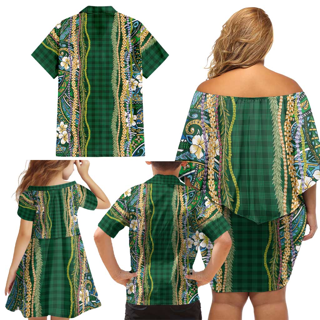 Hawaiian Art Flower Tribal with Lei Family Matching Off Shoulder Short Dress and Hawaiian Shirt Palaka Pattern Green Color - Polynesian Pride