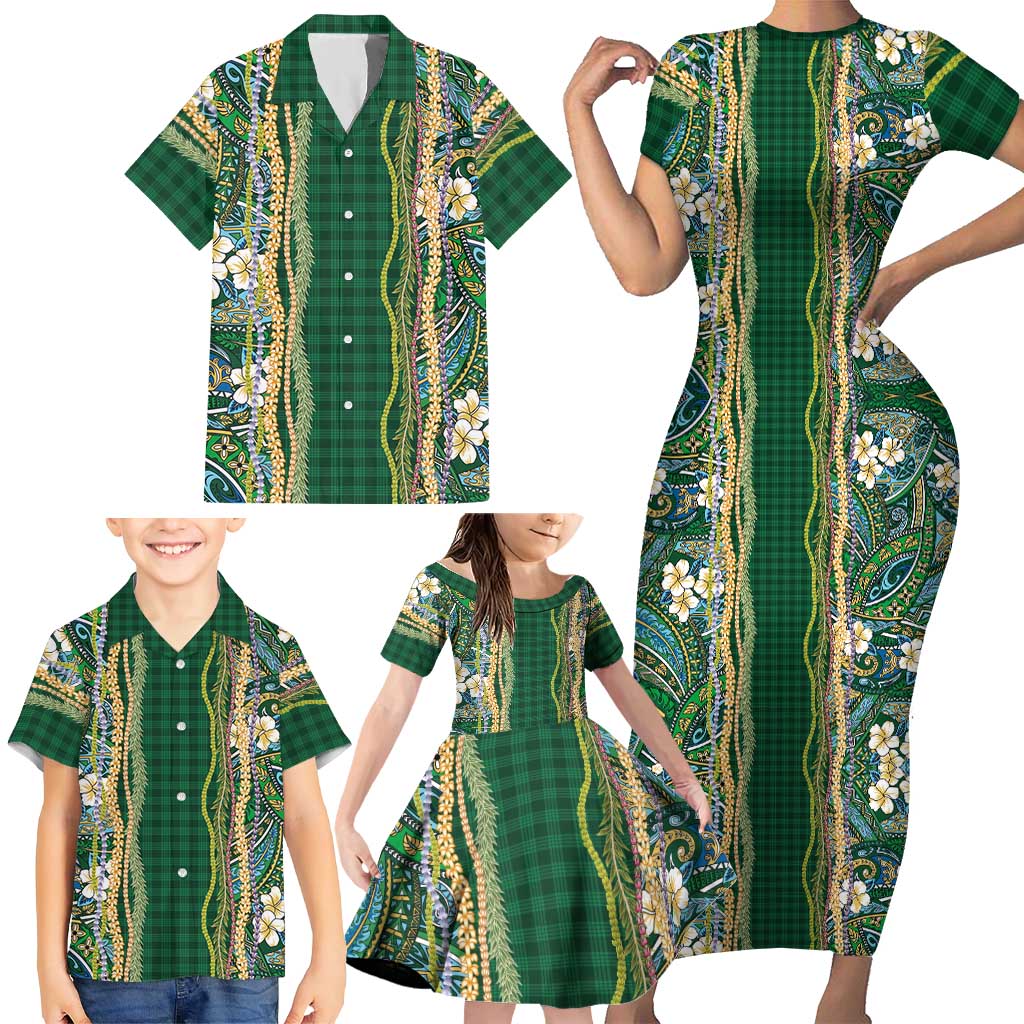 Hawaiian Art Flower Tribal with Lei Family Matching Short Sleeve Bodycon Dress and Hawaiian Shirt Palaka Pattern Green Color - Polynesian Pride