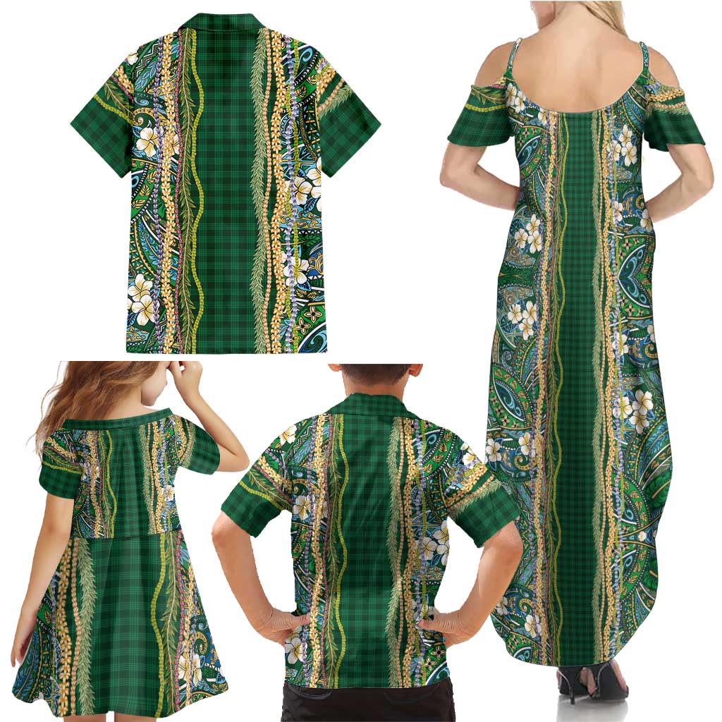 Hawaiian Art Flower Tribal with Lei Family Matching Summer Maxi Dress and Hawaiian Shirt Palaka Pattern Green Color - Polynesian Pride