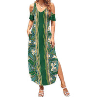 Hawaiian Art Flower Tribal with Lei Family Matching Summer Maxi Dress and Hawaiian Shirt Palaka Pattern Green Color - Polynesian Pride