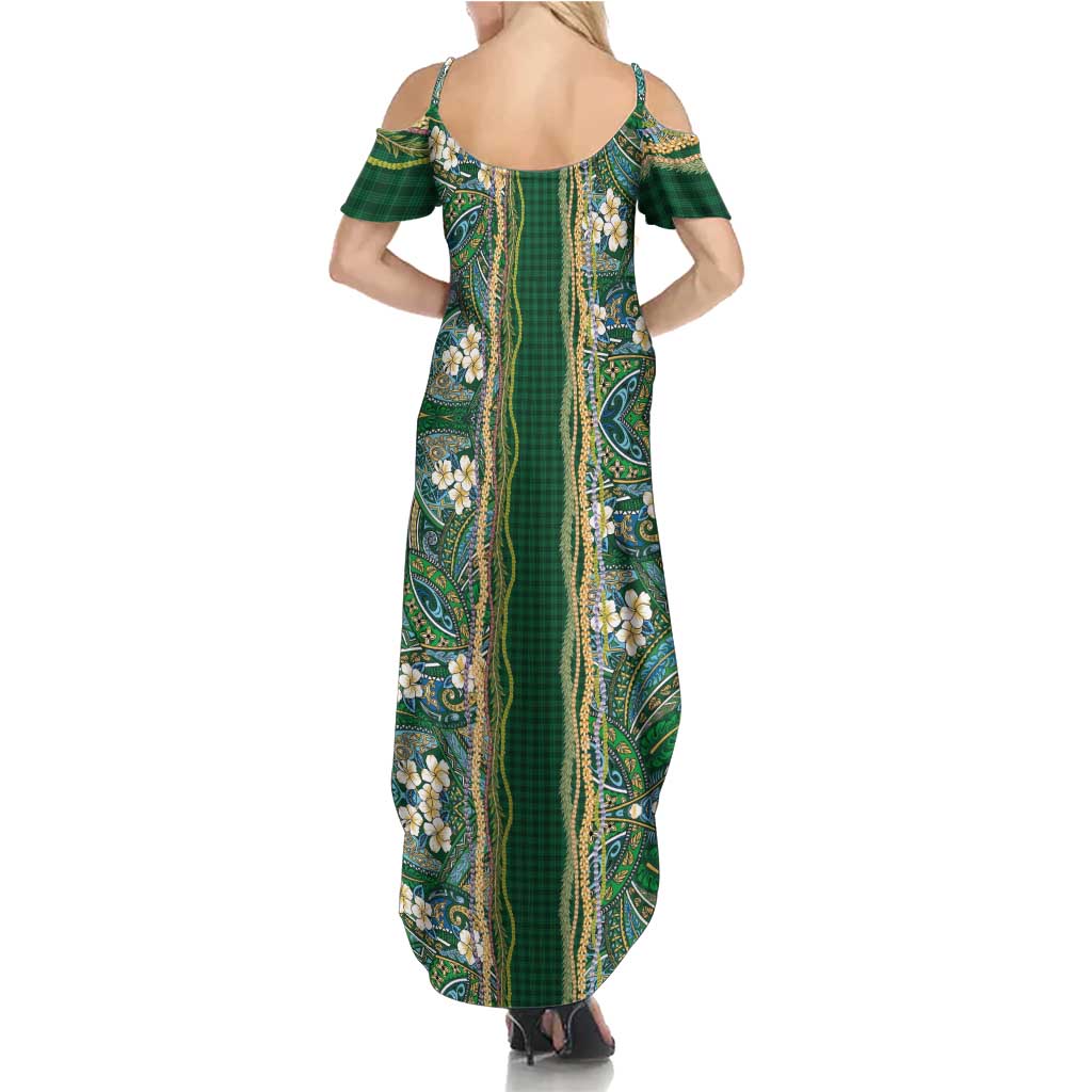 Hawaiian Art Flower Tribal with Lei Family Matching Summer Maxi Dress and Hawaiian Shirt Palaka Pattern Green Color - Polynesian Pride