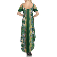 Hawaiian Art Flower Tribal with Lei Family Matching Summer Maxi Dress and Hawaiian Shirt Palaka Pattern Green Color - Polynesian Pride