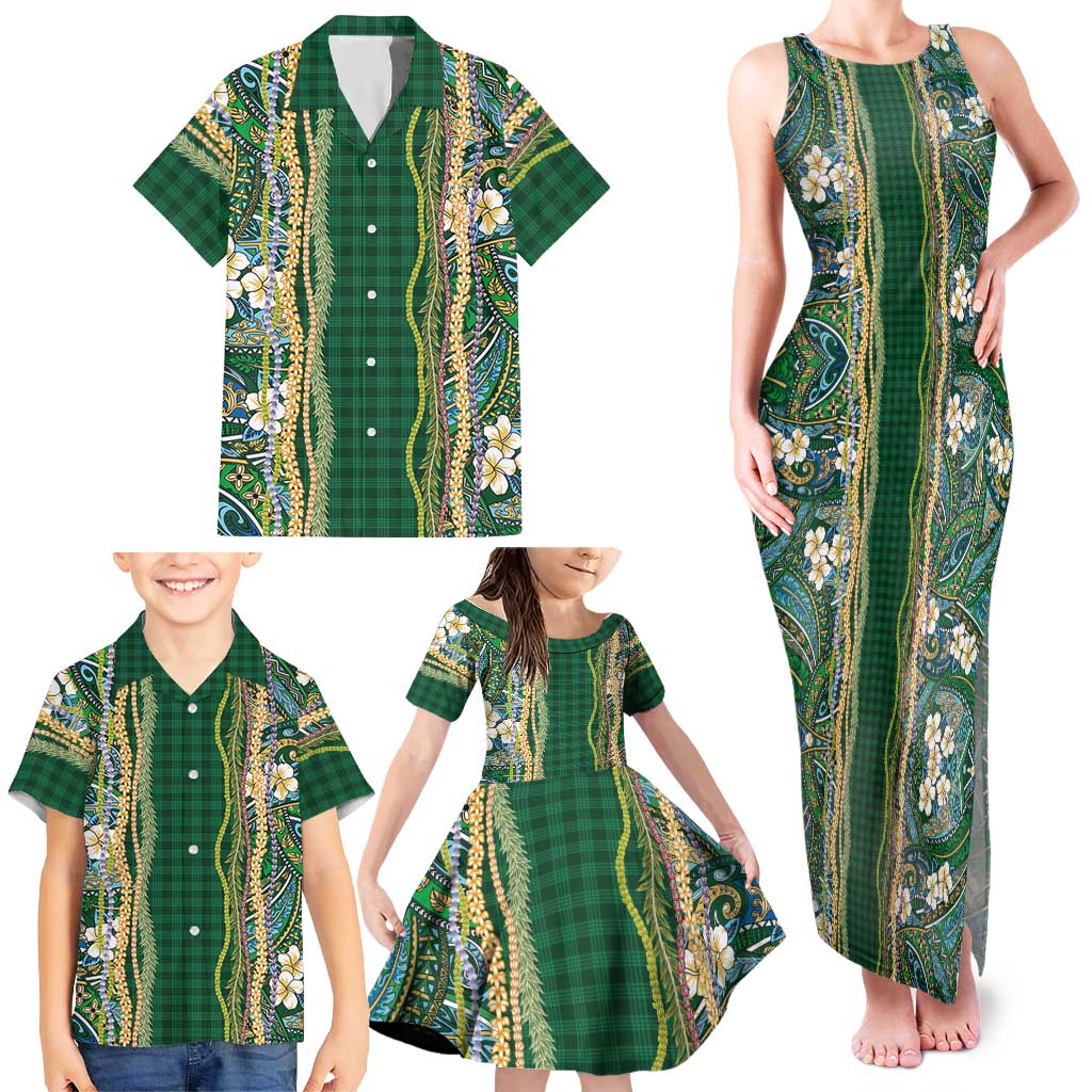 Hawaiian Art Flower Tribal with Lei Family Matching Tank Maxi Dress and Hawaiian Shirt Palaka Pattern Green Color - Polynesian Pride