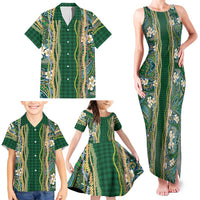 Hawaiian Art Flower Tribal with Lei Family Matching Tank Maxi Dress and Hawaiian Shirt Palaka Pattern Green Color - Polynesian Pride