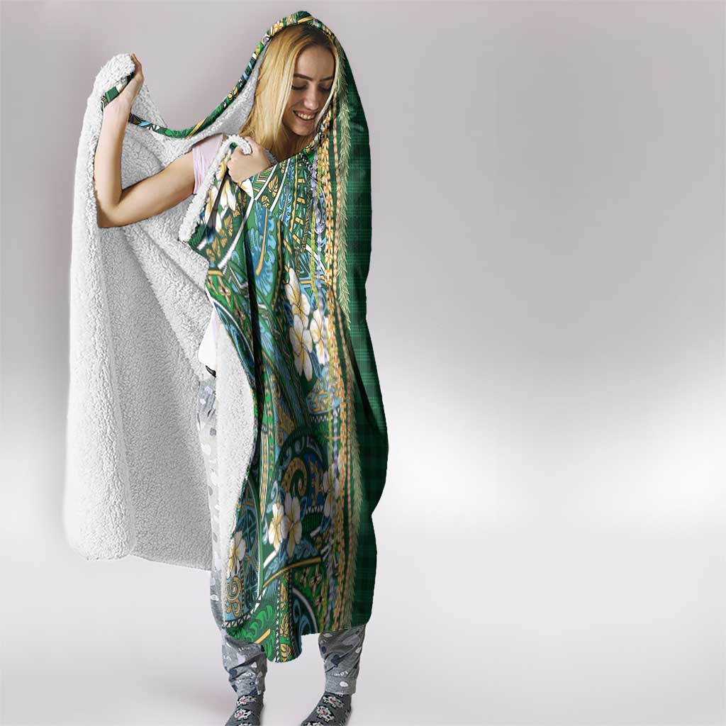 Hawaiian Art Flower Tribal with Lei Hooded Blanket Palaka Pattern Green Color - Polynesian Pride