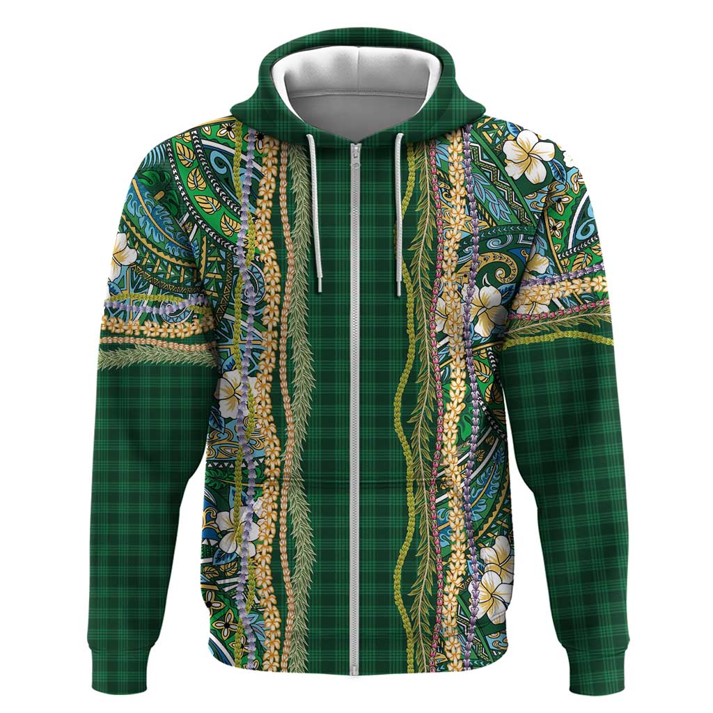 Hawaiian Art Flower Tribal with Lei Hoodie Palaka Pattern Green Color LT03 Zip Hoodie Green - Polynesian Pride