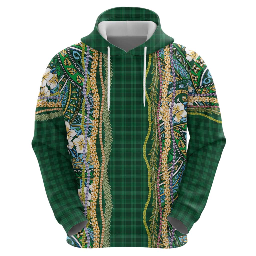 Hawaiian Art Flower Tribal with Lei Hoodie Palaka Pattern Green Color LT03 - Polynesian Pride
