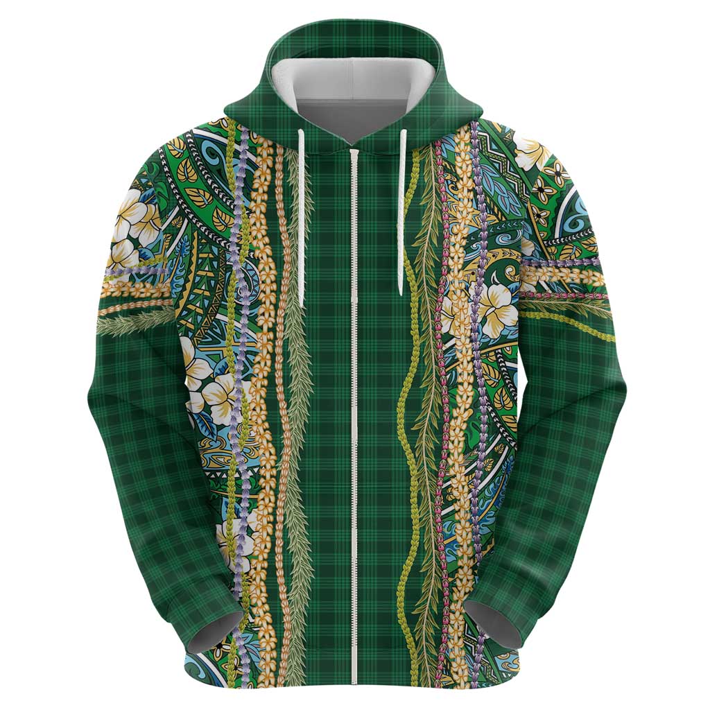 Hawaiian Art Flower Tribal with Lei Hoodie Palaka Pattern Green Color LT03 - Polynesian Pride