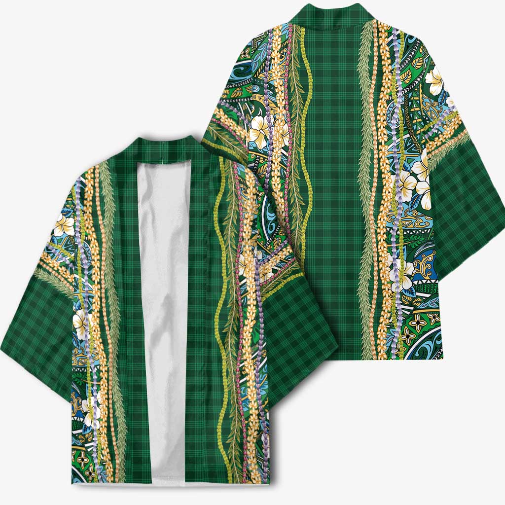 Hawaiian Art Flower Tribal with Lei Kimono Palaka Pattern Green Color LT03 - Polynesian Pride