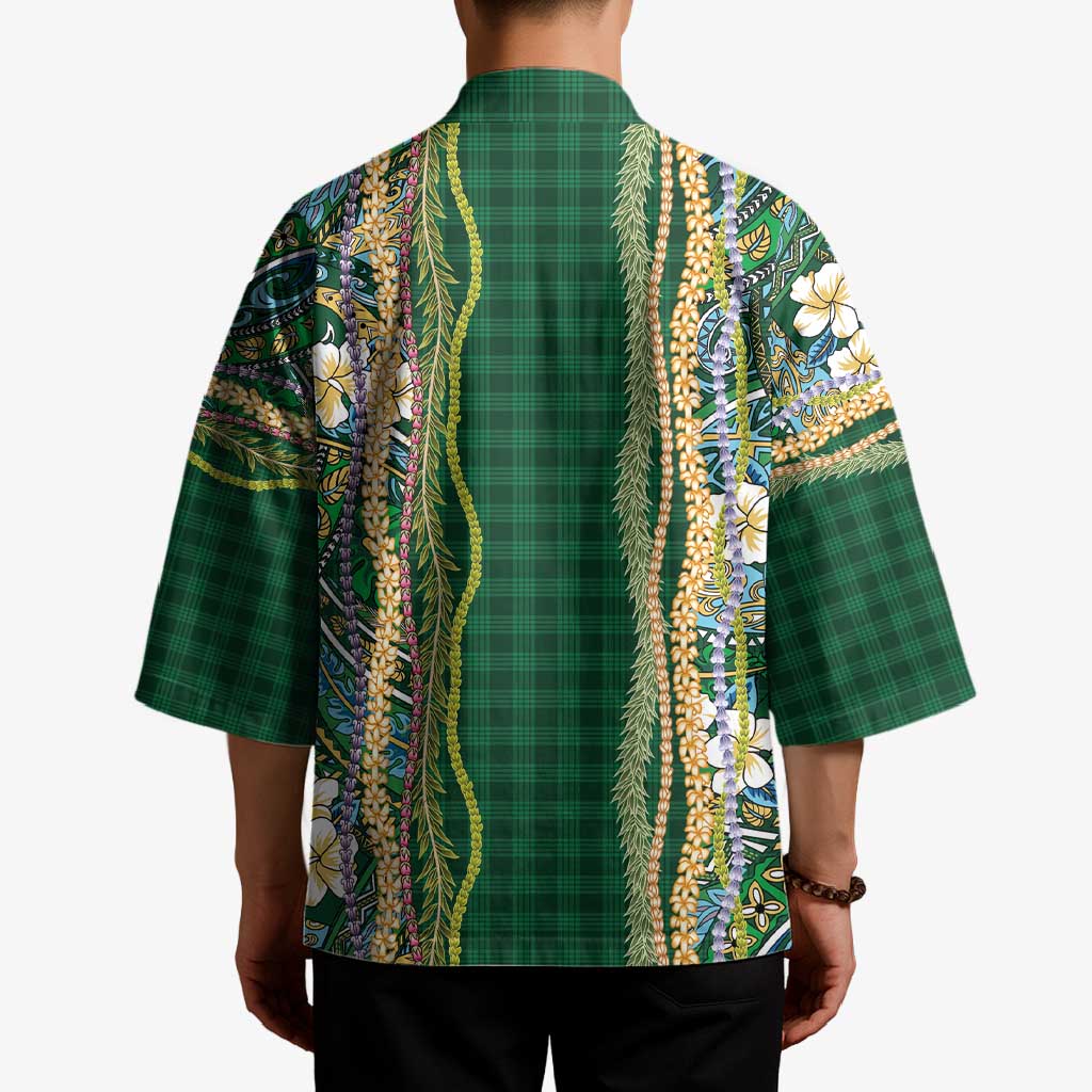 Hawaiian Art Flower Tribal with Lei Kimono Palaka Pattern Green Color LT03 - Polynesian Pride