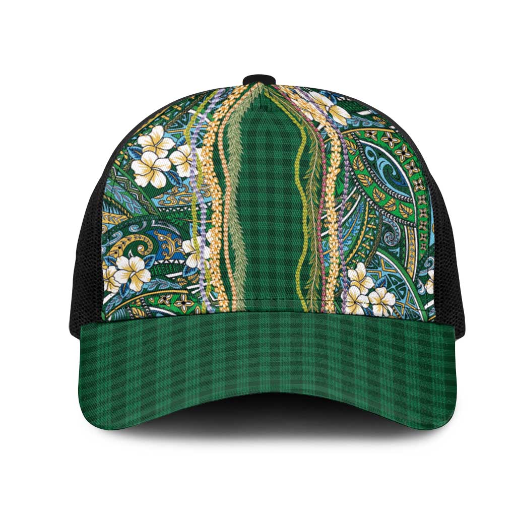 Hawaiian Art Flower Tribal with Lei Mesh Trucker Cap Palaka Pattern Green Color - Polynesian Pride