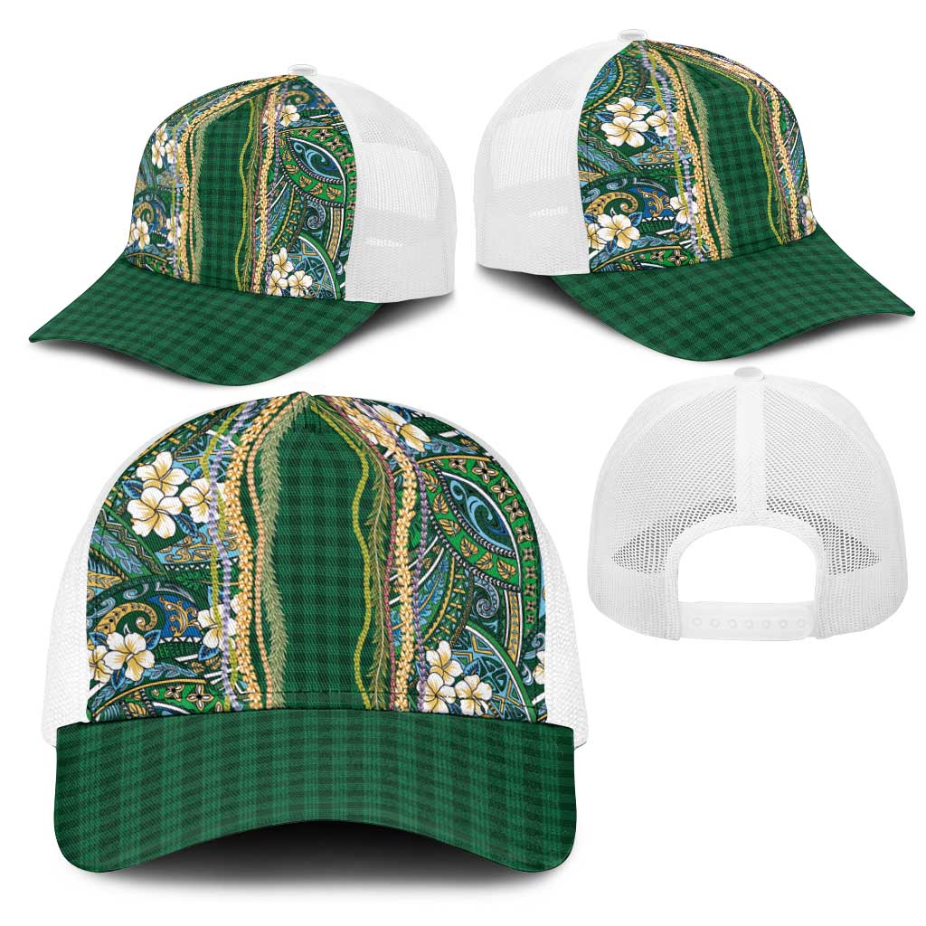 Hawaiian Art Flower Tribal with Lei Mesh Trucker Cap Palaka Pattern Green Color - Polynesian Pride