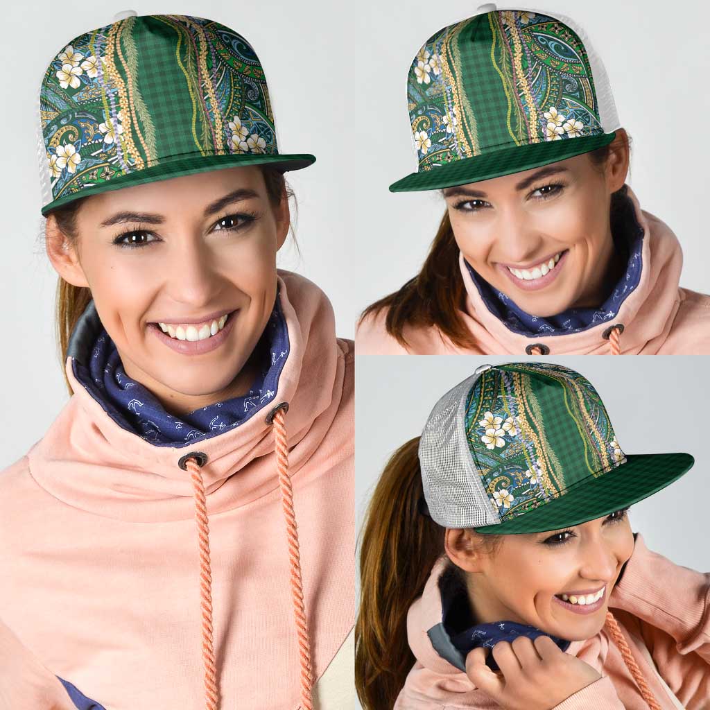 Hawaiian Art Flower Tribal with Lei Mesh Trucker Cap Palaka Pattern Green Color - Polynesian Pride