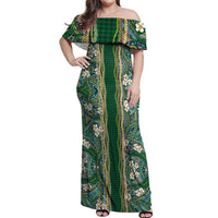 Hawaiian Art Flower Tribal with Lei Off Shoulder Maxi Dress Palaka Pattern Green Color LT03 Women Green - Polynesian Pride