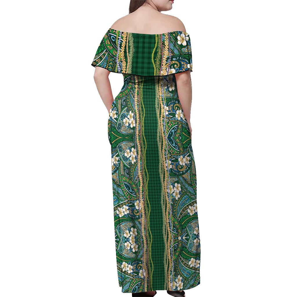 Hawaiian Art Flower Tribal with Lei Off Shoulder Maxi Dress Palaka Pattern Green Color LT03 - Polynesian Pride