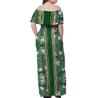Hawaiian Art Flower Tribal with Lei Off Shoulder Maxi Dress Palaka Pattern Green Color LT03 - Polynesian Pride