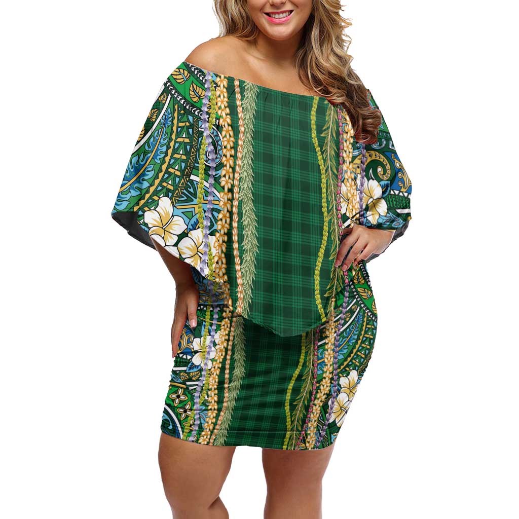Hawaiian Art Flower Tribal with Lei Off Shoulder Short Dress Palaka Pattern Green Color LT03 Women Green - Polynesian Pride