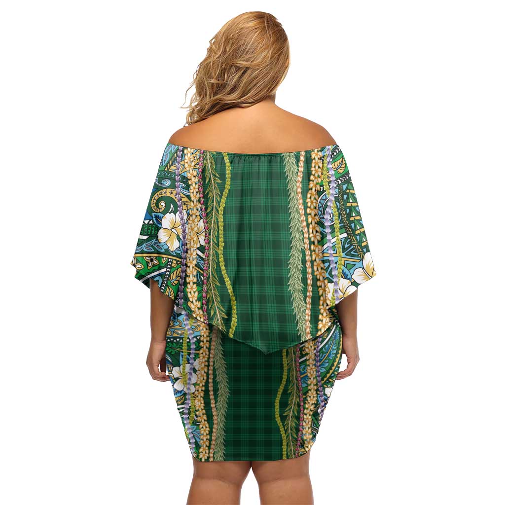 Hawaiian Art Flower Tribal with Lei Off Shoulder Short Dress Palaka Pattern Green Color LT03 - Polynesian Pride