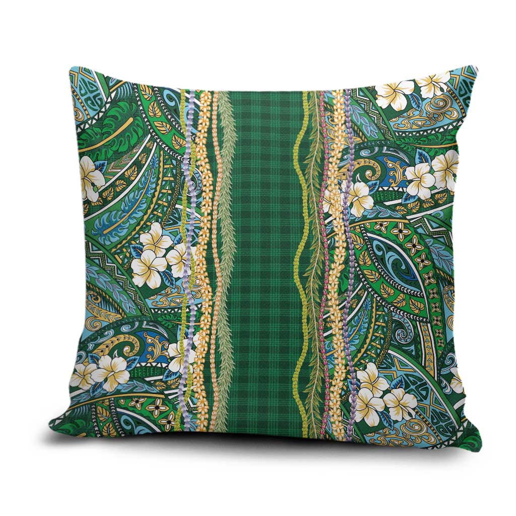 Hawaiian Art Flower Tribal with Lei Pillow Cover Palaka Pattern Green Color LT03 Green - Polynesian Pride