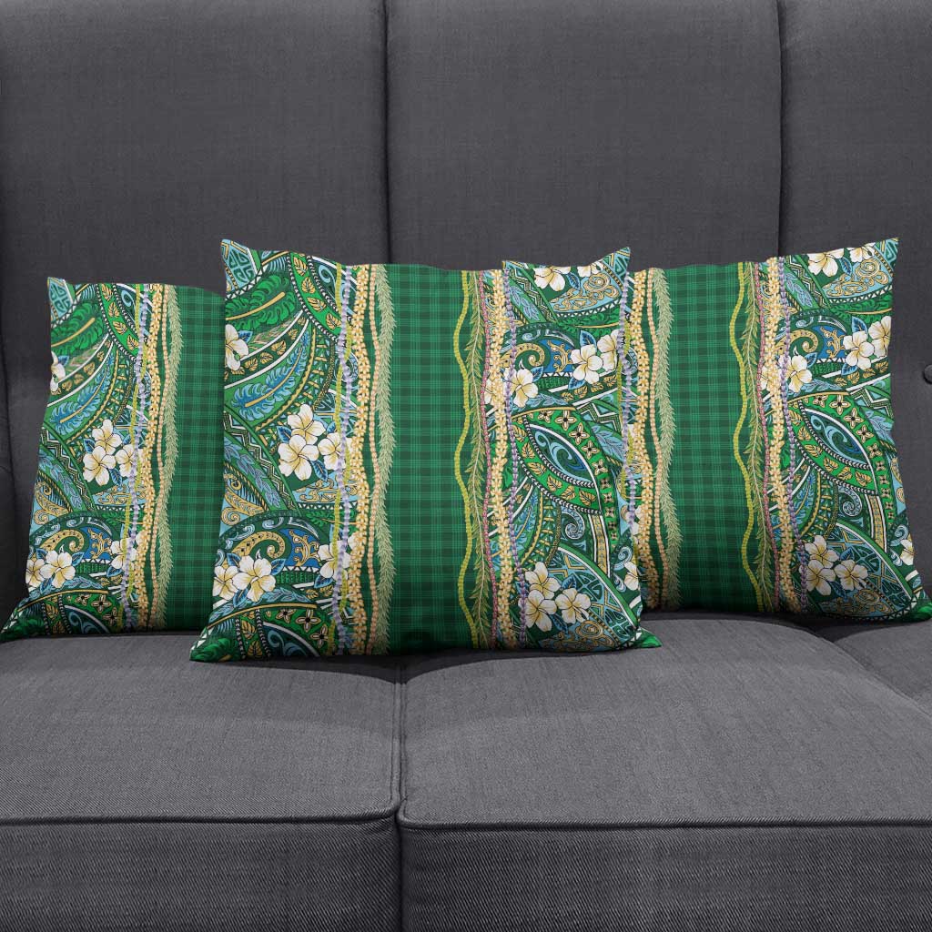 Hawaiian Art Flower Tribal with Lei Pillow Cover Palaka Pattern Green Color LT03 - Polynesian Pride