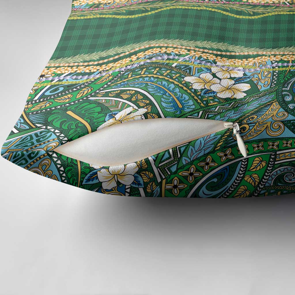 Hawaiian Art Flower Tribal with Lei Pillow Cover Palaka Pattern Green Color LT03 - Polynesian Pride