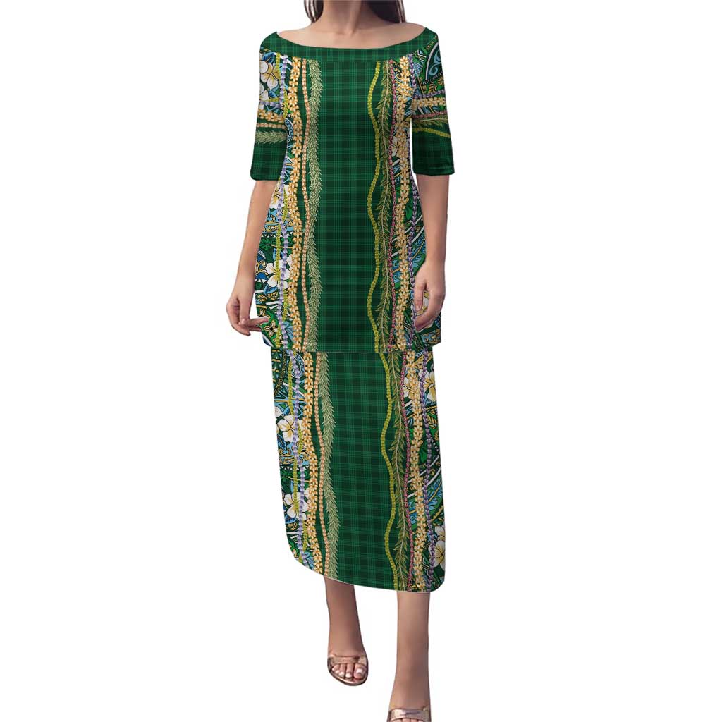 Hawaiian Art Flower Tribal with Lei Puletasi Palaka Pattern Green Color LT03 Long Dress Green - Polynesian Pride