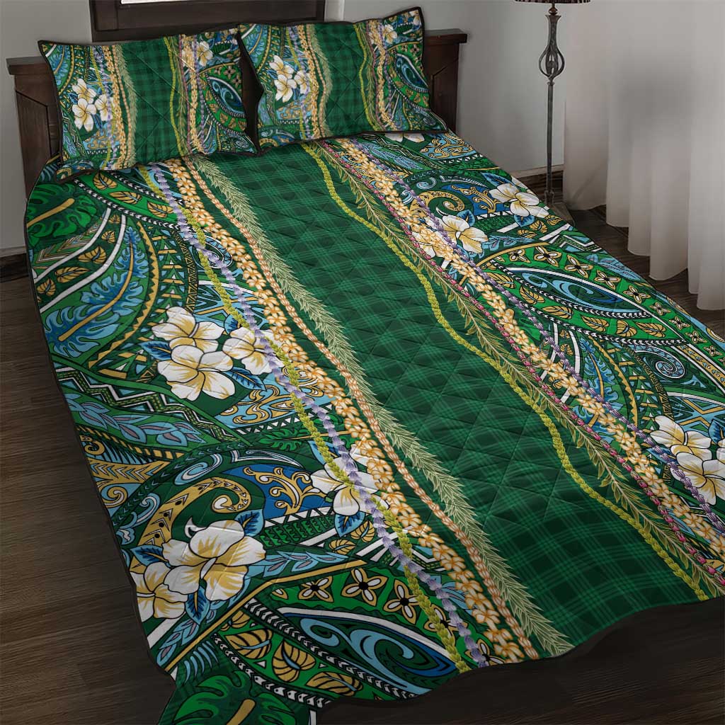 Hawaiian Art Flower Tribal with Lei Quilt Bed Set Palaka Pattern Green Color LT03 Green - Polynesian Pride