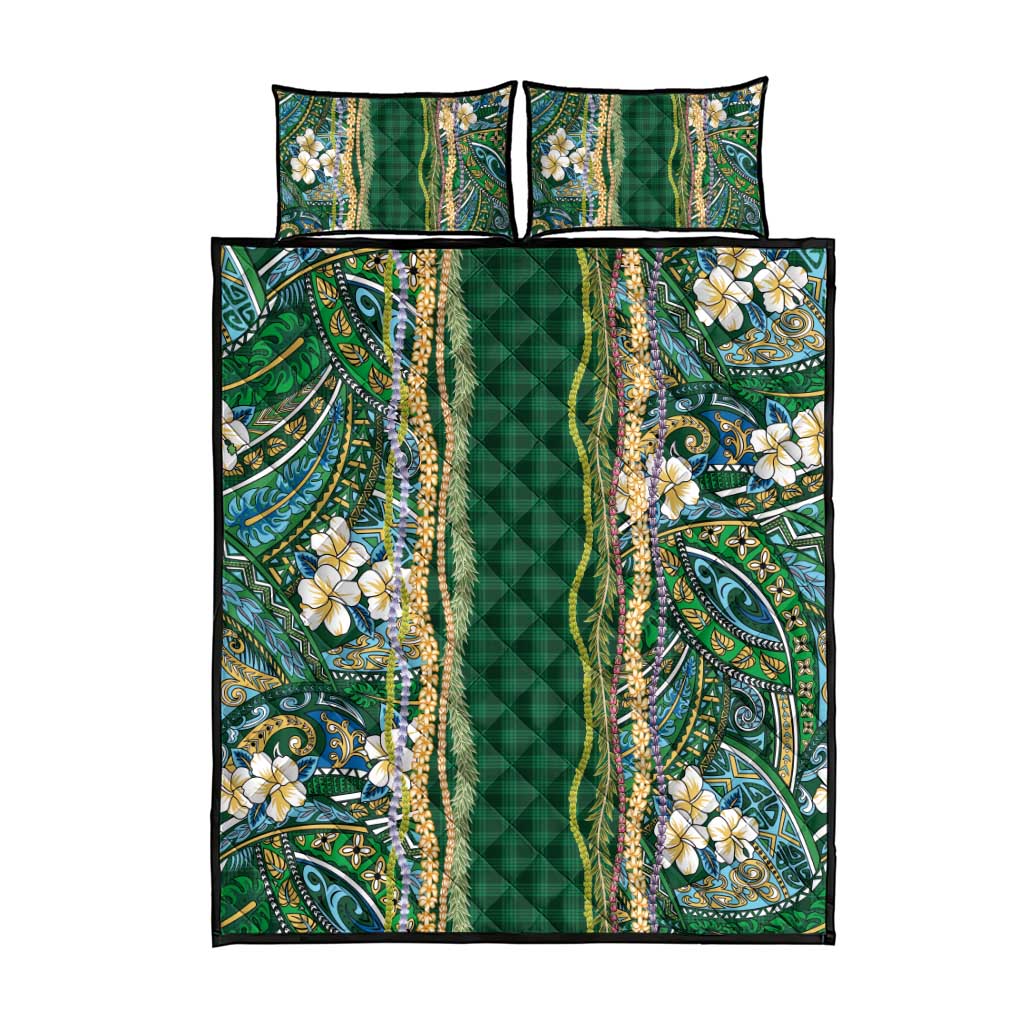 Hawaiian Art Flower Tribal with Lei Quilt Bed Set Palaka Pattern Green Color LT03 - Polynesian Pride