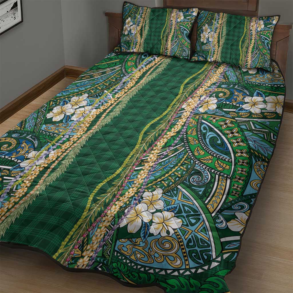 Hawaiian Art Flower Tribal with Lei Quilt Bed Set Palaka Pattern Green Color LT03 - Polynesian Pride